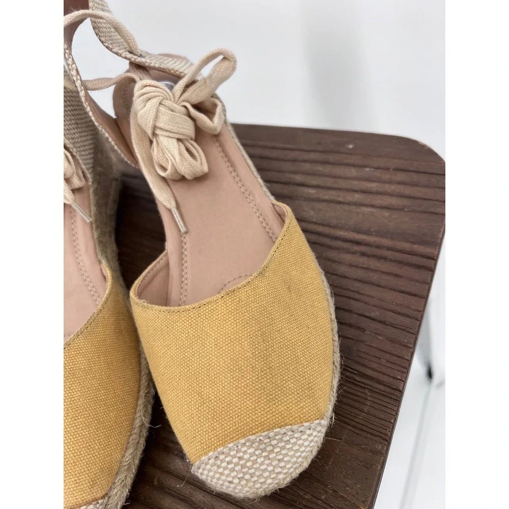 Journee Collection Mustard Yellow Canvas Espadrille Wedge Ankle Tie Sandals 9